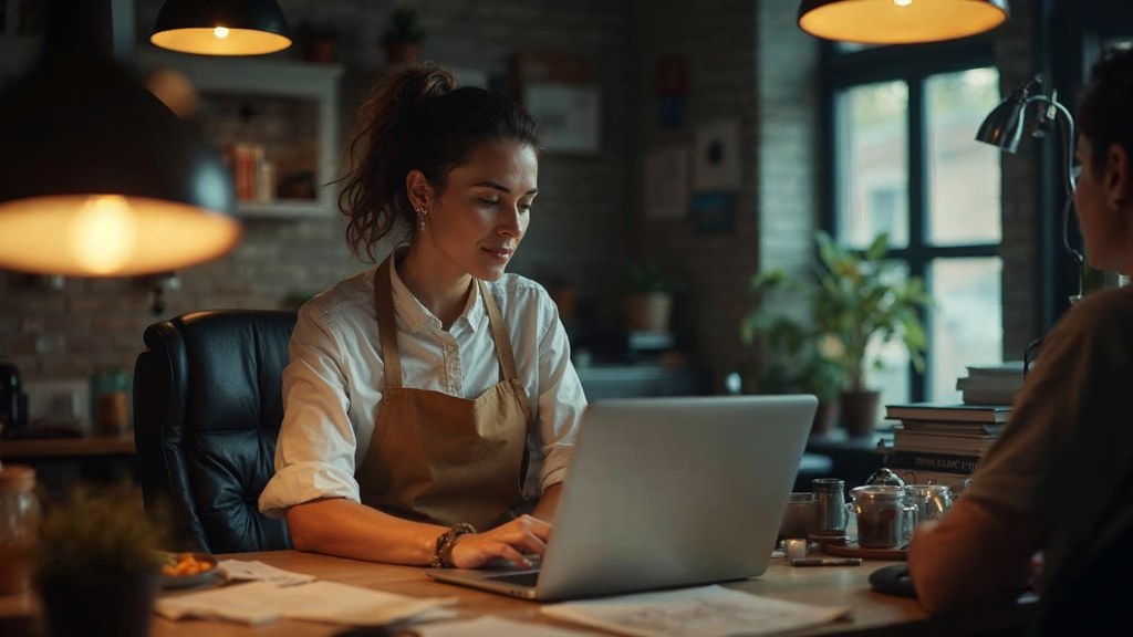 A small-business owner in an apron leaning over a laptop on a cluttered back-office desk late in the day, photographed in Memphis