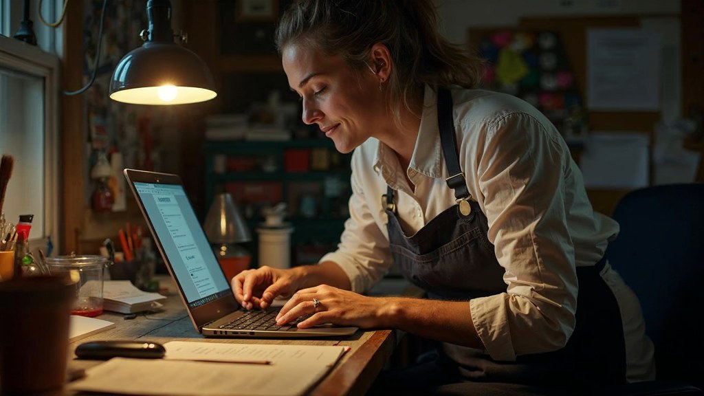 A small-business owner in an apron leaning over a laptop on a cluttered back-office desk late in the day, photographed in Memphis
