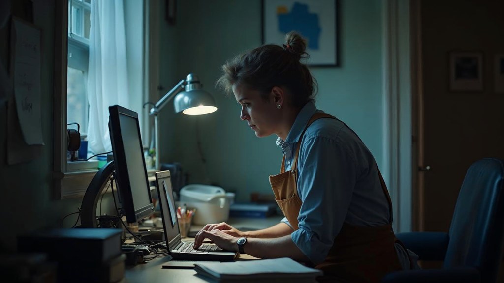 A small-business owner in an apron leaning over a laptop on a cluttered back-office desk late in the day, photographed in Memphis