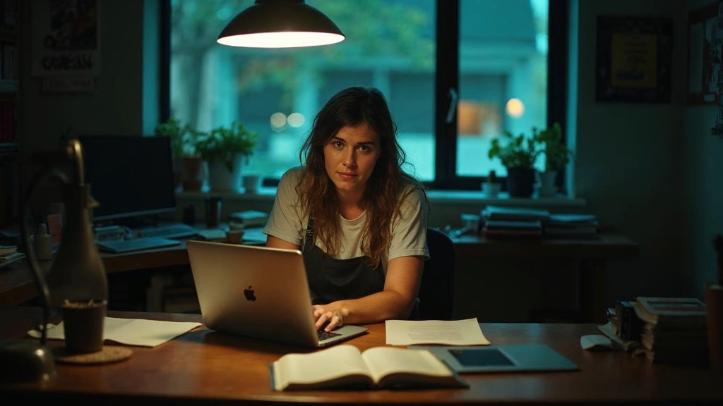 A small-business owner in an apron leaning over a laptop on a cluttered back-office desk late in the day, photographed in Memphis