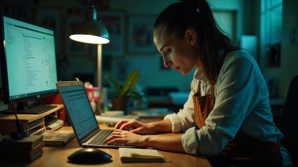 A small-business owner in an apron leaning over a laptop on a cluttered back-office desk late in the day, photographed in Memphis