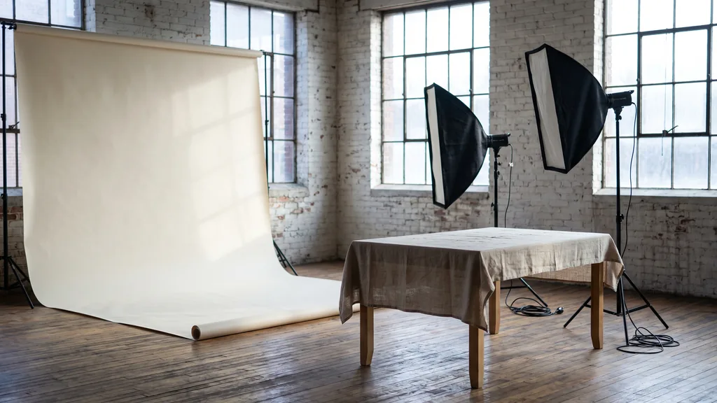 Editorial photograph of an empty photography studio in an old New England brick mill with a cream seamless paper sweep, a plain maple shooting table and two switched-off softboxes, no people and no signage