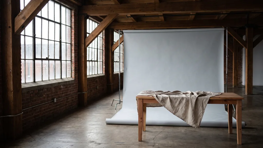 Editorial photograph of an empty photography studio in a west coast timber-framed warehouse with a pale grey paper sweep and a plain cedar shooting table dressed with neutral fabric, no people and no signage