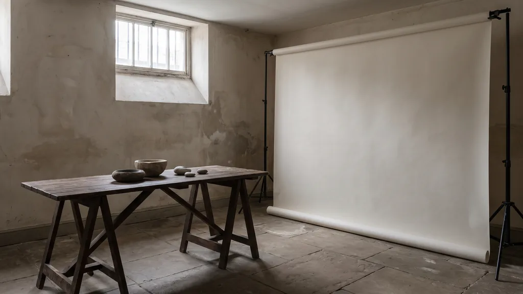 Editorial photograph of an empty photography studio in a Georgian Dublin basement with a bone white paper sweep and a plain dark wood still-life table set with neutral stone props, no people and no signage