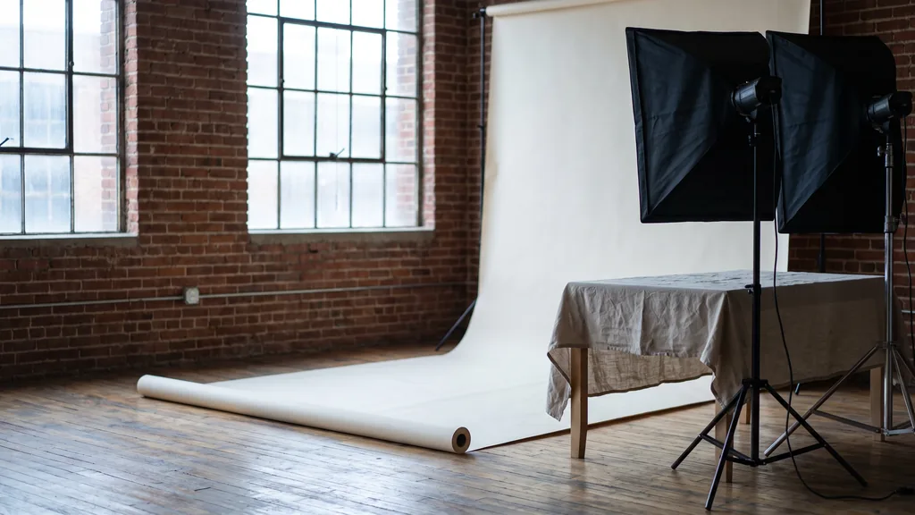 Editorial photograph of an empty photography studio in a Baltimore brick rowhouse warehouse with a cream seamless paper sweep, a plain maple shooting table and two switched-off softboxes, no people and no signage