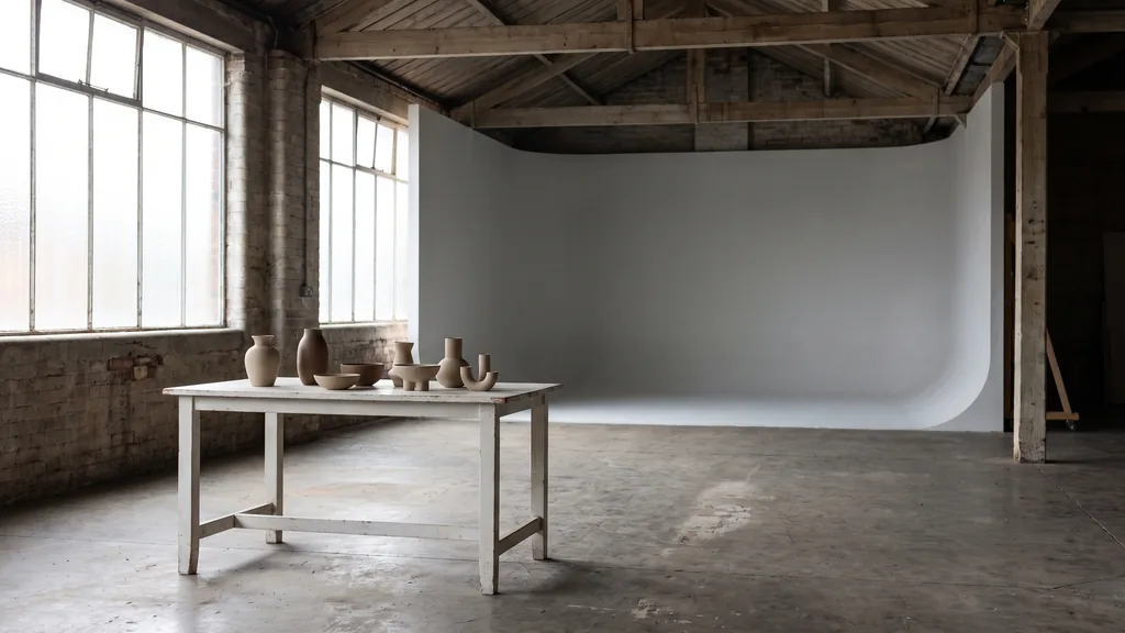 Editorial photograph of an empty photography studio in a midwestern warehouse unit with a light grey cyclorama wall and a plain white styling table set with neutral ceramic props, no people and no signage