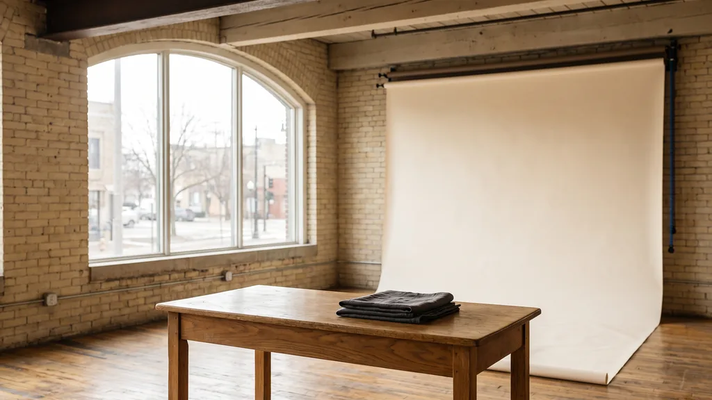 Editorial photograph of an empty photography studio in a Milwaukee cream-brick brewery building with a warm white paper sweep and a plain oak shooting table holding folded grey cloth, no people and no signage