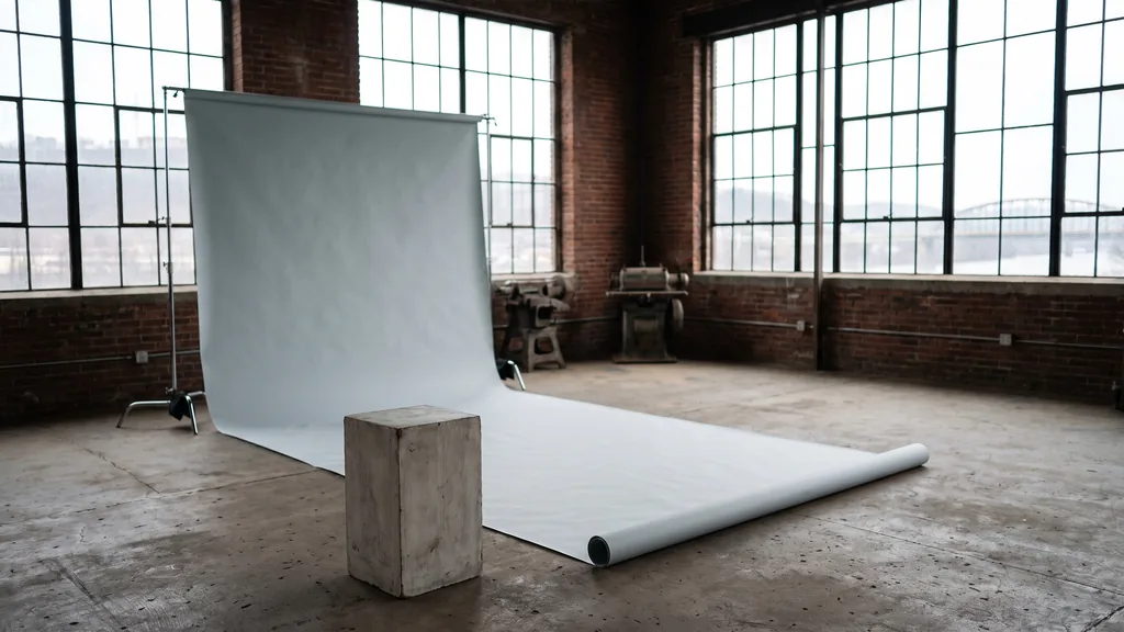 Editorial photograph of an empty photography studio in a Pittsburgh river-front mill with tall steel windows, a pale grey paper sweep and a plain concrete shooting plinth, no people and no signage