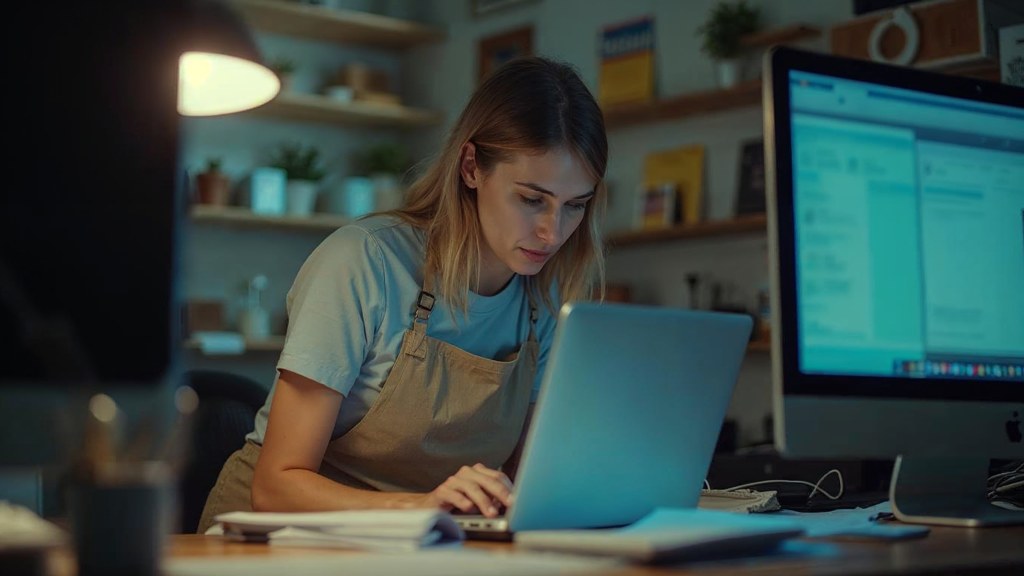 A small-business owner in an apron leaning over a laptop on a cluttered back-office desk late in the day, photographed in Mesa