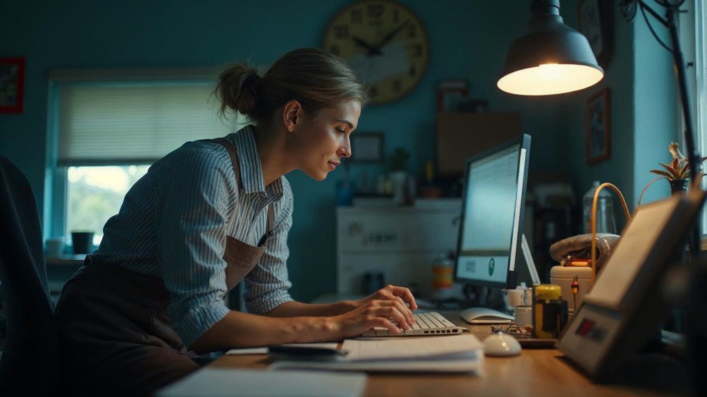 A small-business owner in an apron leaning over a laptop on a cluttered back-office desk late in the day, photographed in Mesa