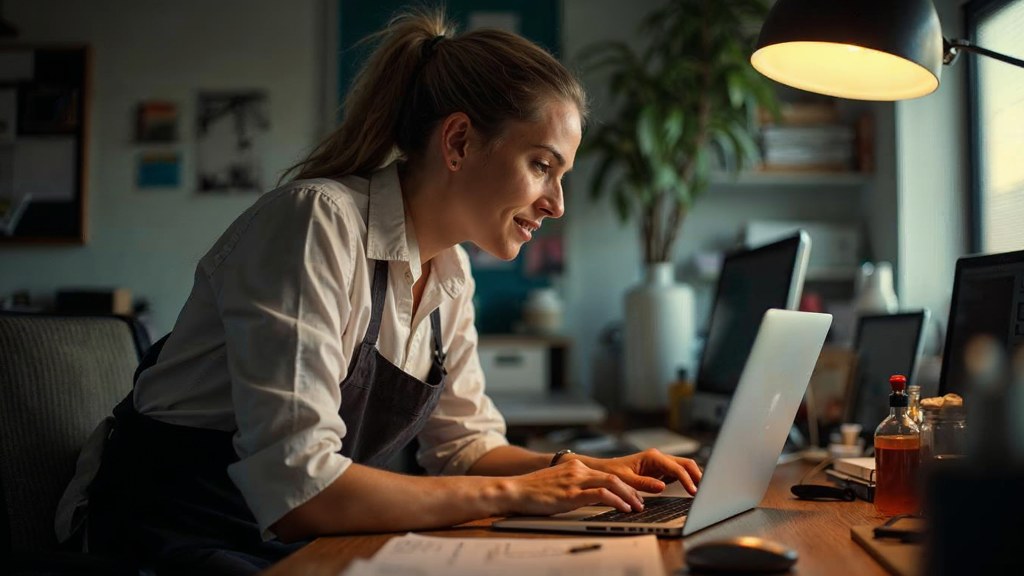 A small-business owner in an apron leaning over a laptop on a cluttered back-office desk late in the day, photographed in Mesa