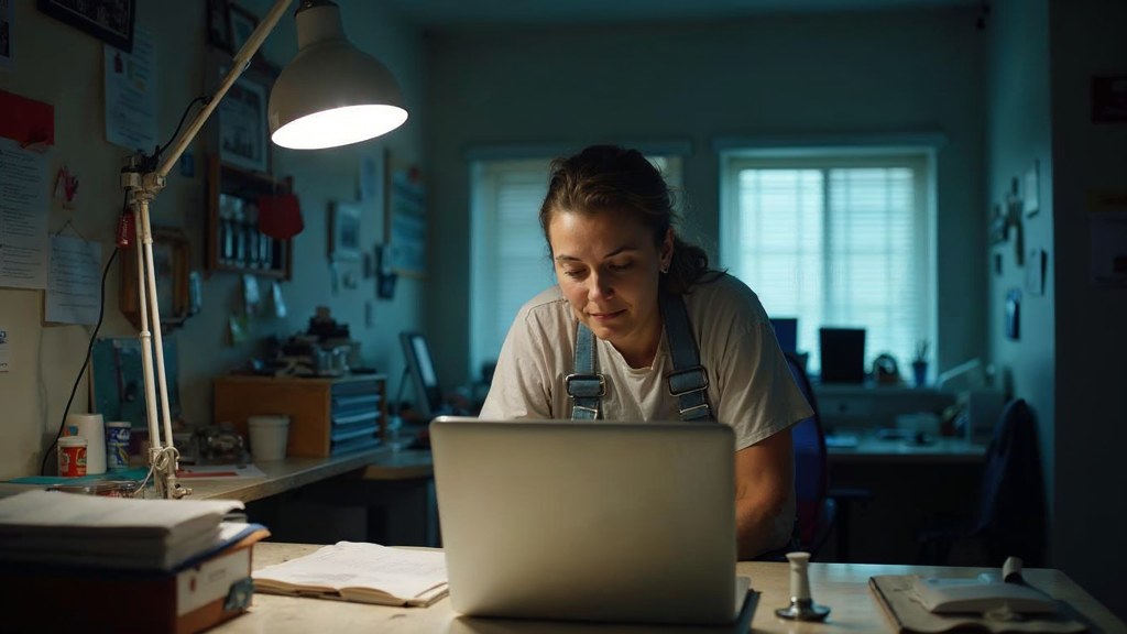 A small-business owner in an apron leaning over a laptop on a cluttered back-office desk late in the day, photographed in Mesa