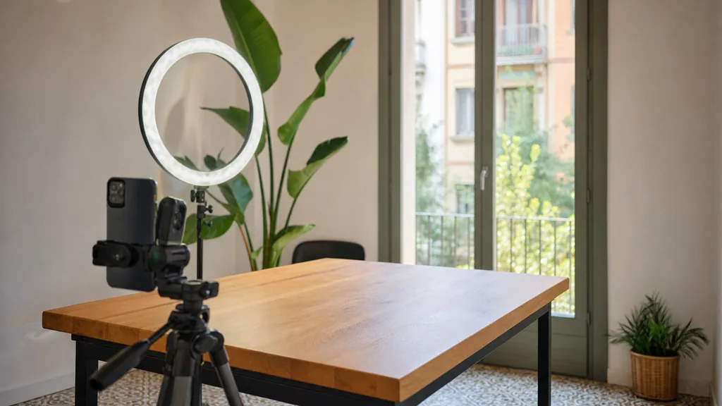Editorial photograph of a Barcelona content studio corner with a phone on a tripod and a ring light