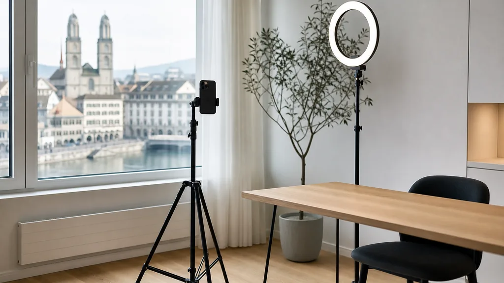Editorial photograph of a Zurich content studio corner with a phone on a tripod and a ring light