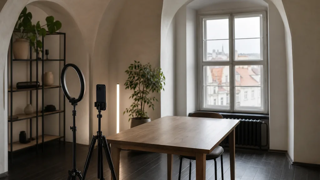 Editorial photograph of a Prague content studio corner with a phone on a tripod and a ring light