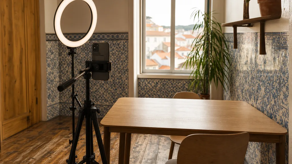 Editorial photograph of a Lisbon content studio corner with a phone on a tripod and a ring light