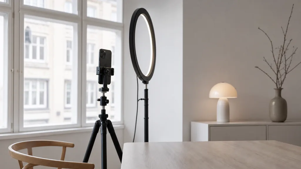 Editorial photograph of a Copenhagen content studio corner with a phone on a tripod and a ring light