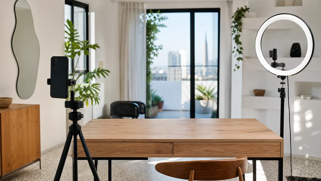 Editorial photograph of a Tel Aviv content studio corner with a phone on a tripod and a ring light