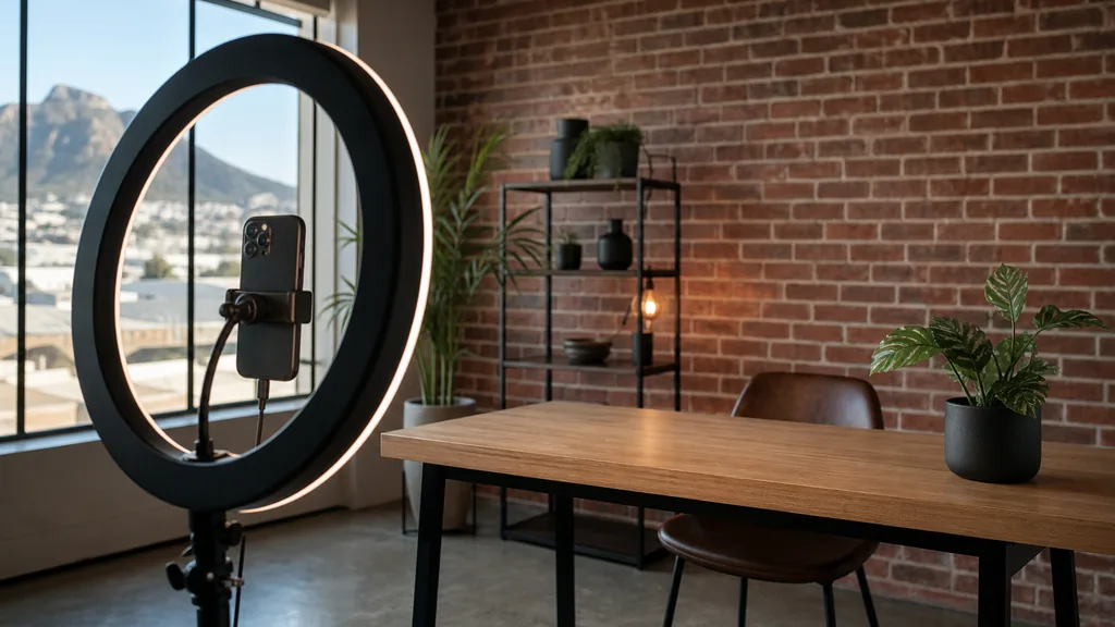 Editorial photograph of a Cape Town content studio corner with a phone on a tripod and a ring light