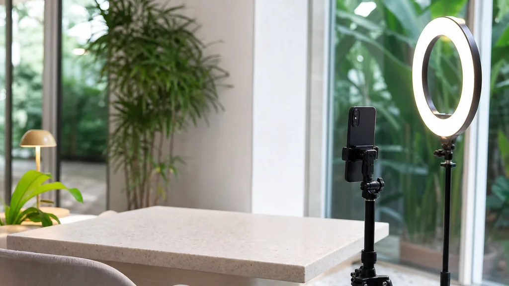 Editorial photograph of a Singapore content studio corner with a phone on a tripod and a ring light