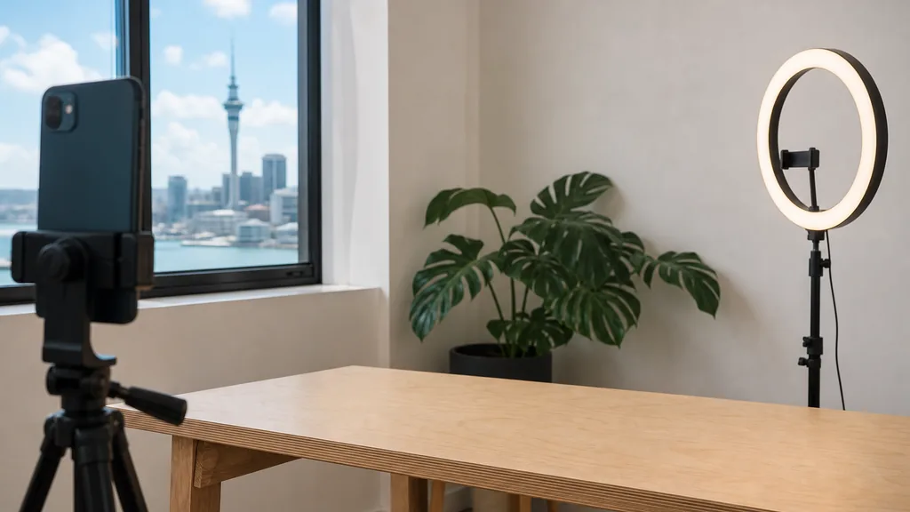 Editorial photograph of an Auckland content studio corner with a phone on a tripod and a ring light
