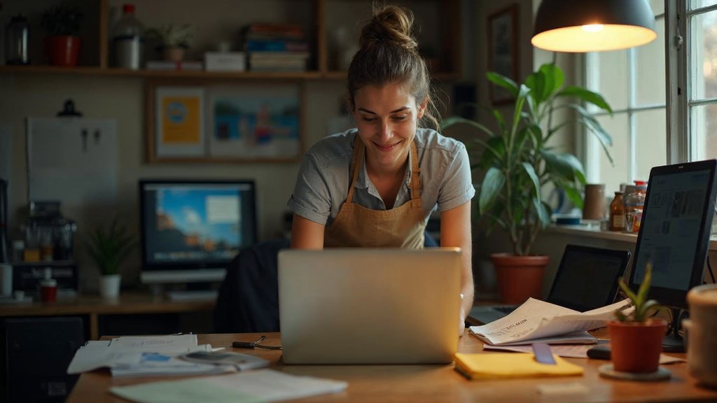 A small-business owner in an apron leaning over a laptop on a cluttered back-office desk late in the day, photographed in Mesa