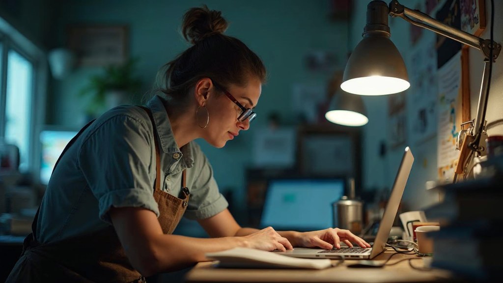 A small-business owner in an apron leaning over a laptop on a cluttered back-office desk late in the day, photographed in Mesa