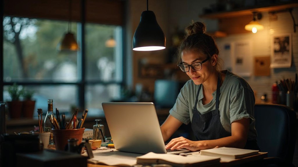 A small-business owner in an apron leaning over a laptop on a cluttered back-office desk late in the day, photographed in Mesa