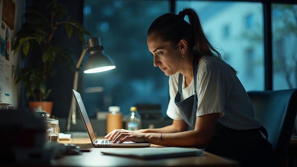 A small-business owner in an apron leaning over a laptop on a cluttered back-office desk late in the day, photographed in Mesa