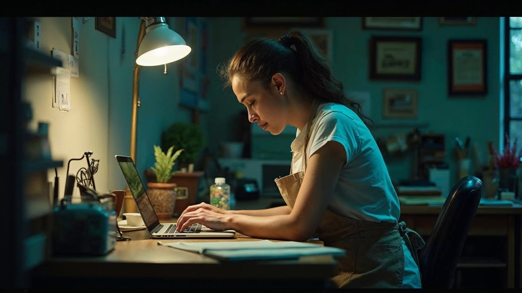 A small-business owner in an apron leaning over a laptop on a cluttered back-office desk late in the day, photographed in Mesa