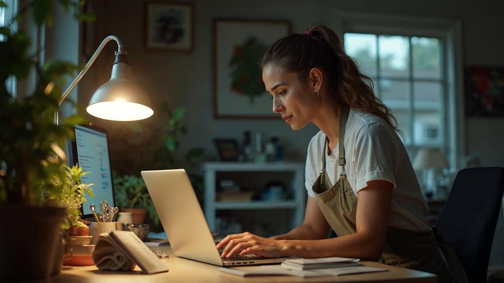 A small-business owner in an apron leaning over a laptop on a cluttered back-office desk late in the day, photographed in Mesa