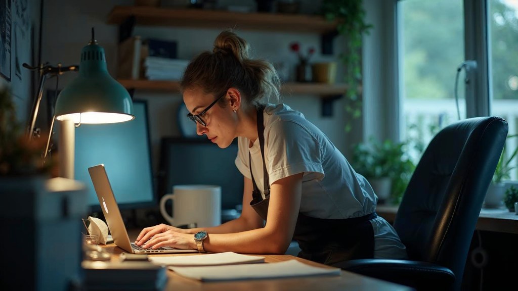 A small-business owner in an apron leaning over a laptop on a cluttered back-office desk late in the day, photographed in Mesa