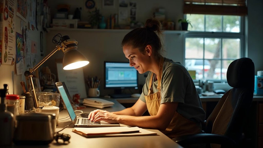 A small-business owner in an apron leaning over a laptop on a cluttered back-office desk late in the day, photographed in Mesa