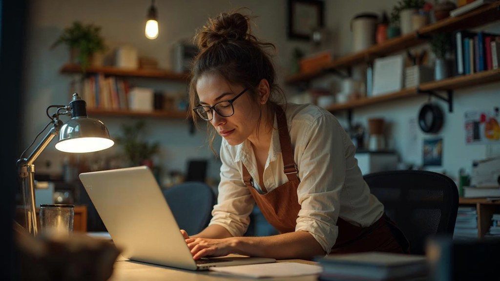 A small-business owner in an apron leaning over a laptop on a cluttered back-office desk late in the day, photographed in Mesa