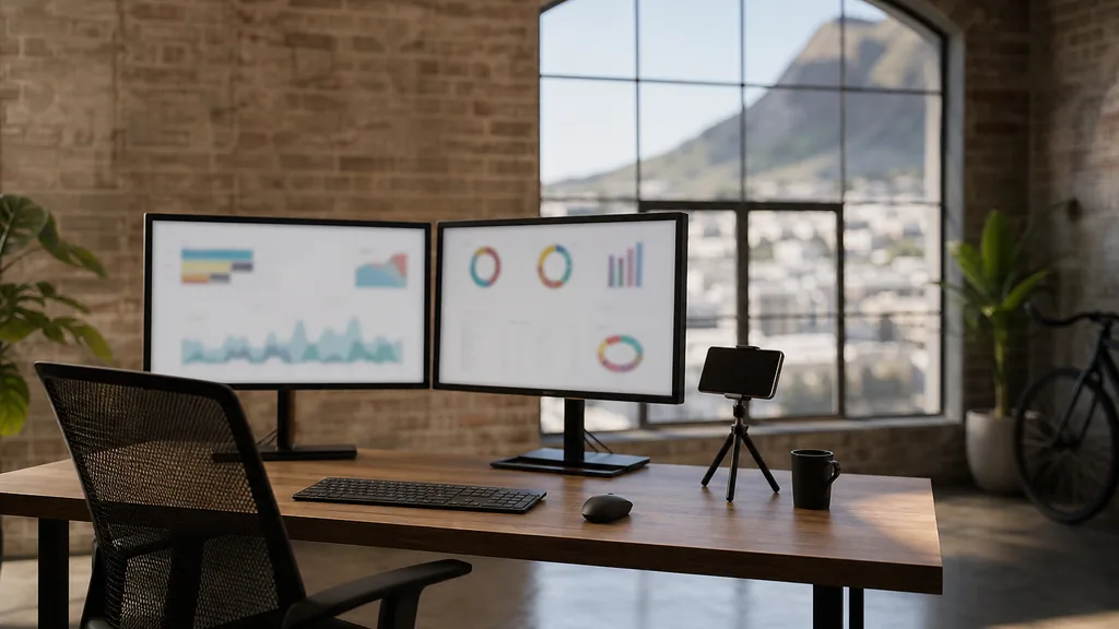 Editorial photograph of a Cape Town paid-media desk with two monitors and a phone on a tripod