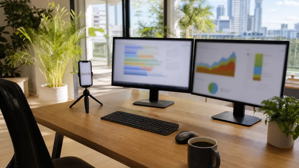 Editorial photograph of a Brisbane paid-media desk with two monitors and a phone on a tripod