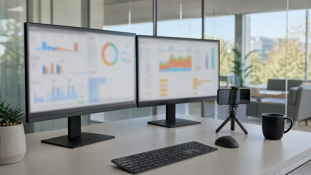 Editorial photograph of a San Jose paid-media desk with two monitors and a phone on a tripod