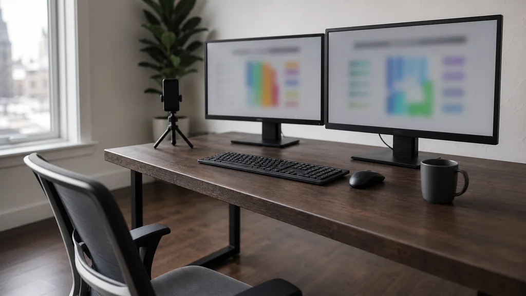 Editorial photograph of an Ottawa paid-media desk with two monitors and a phone on a tripod