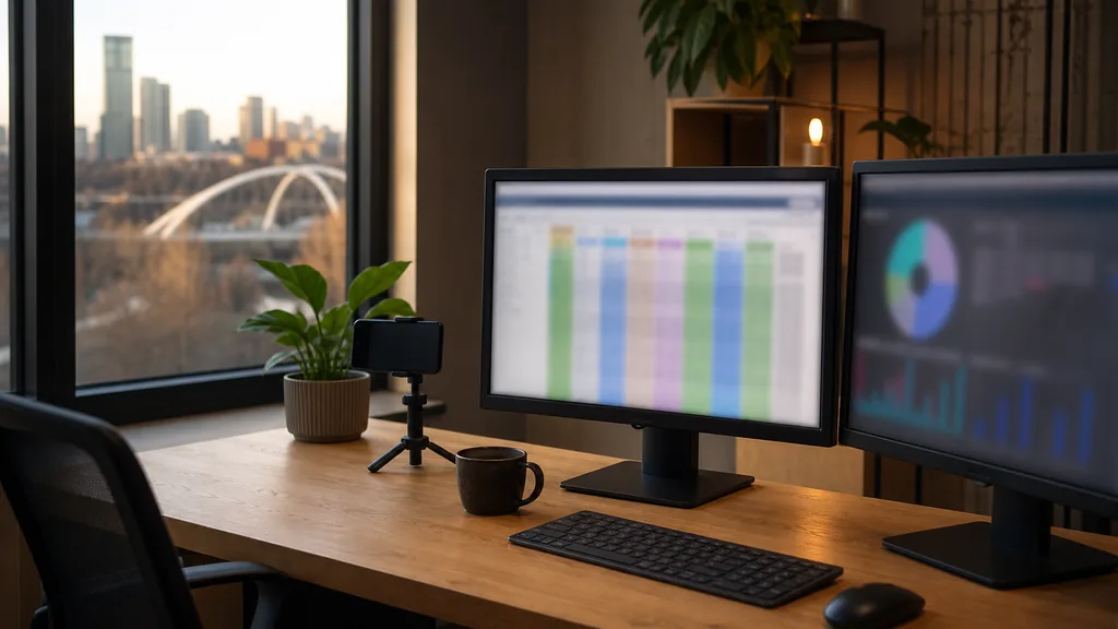 Editorial photograph of an Edmonton paid-media desk with two monitors and a phone on a tripod