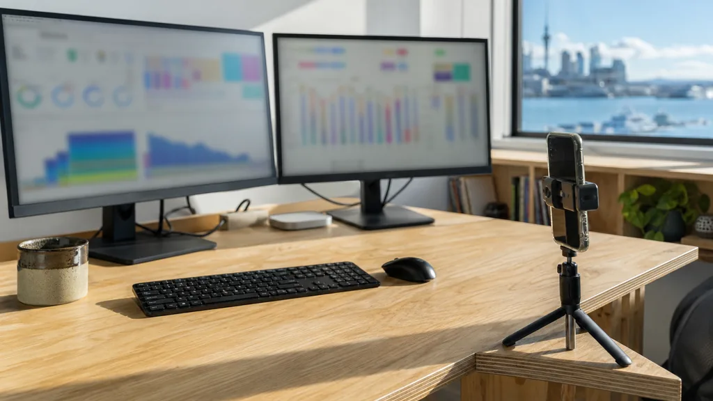 Editorial photograph of an Auckland paid-media desk with two monitors and a phone on a tripod