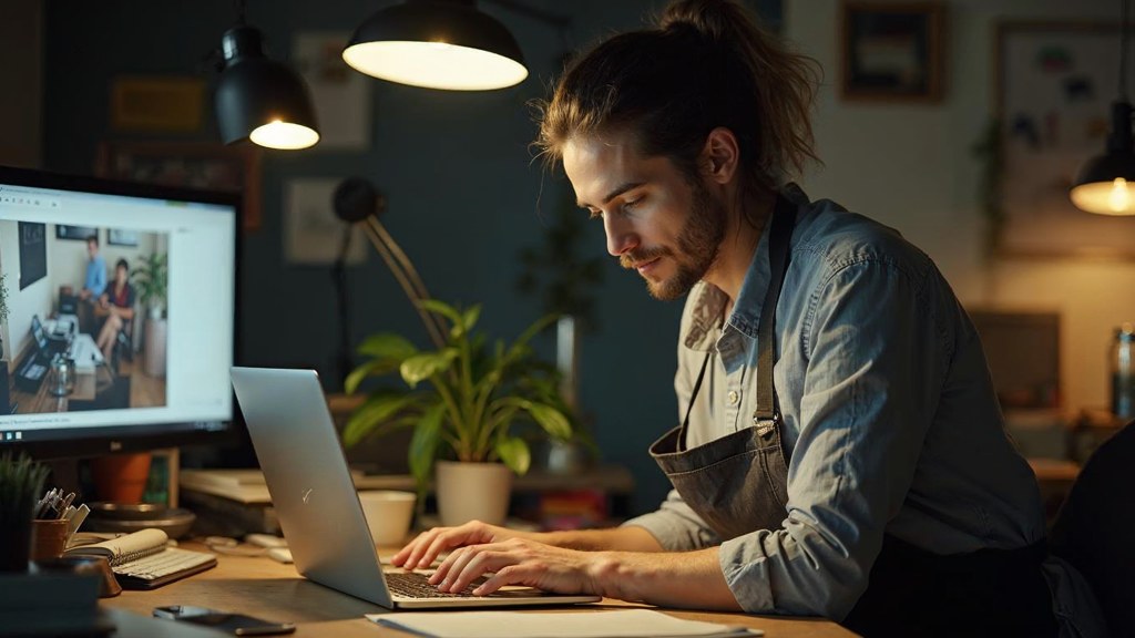 A small-business owner in an apron leaning over a laptop on a cluttered back-office desk late in the day, photographed in Mesa