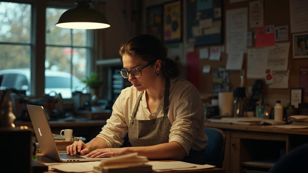 A small-business owner in an apron leaning over a laptop on a cluttered back-office desk late in the day, photographed in Memphis