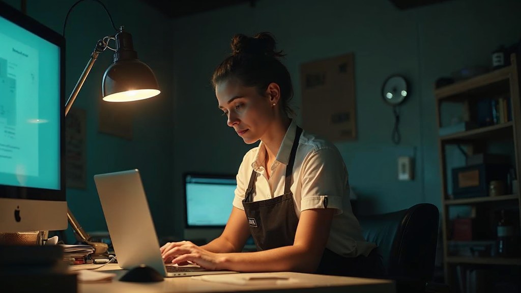 A small-business owner in an apron leaning over a laptop on a cluttered back-office desk late in the day, photographed in Melbourne