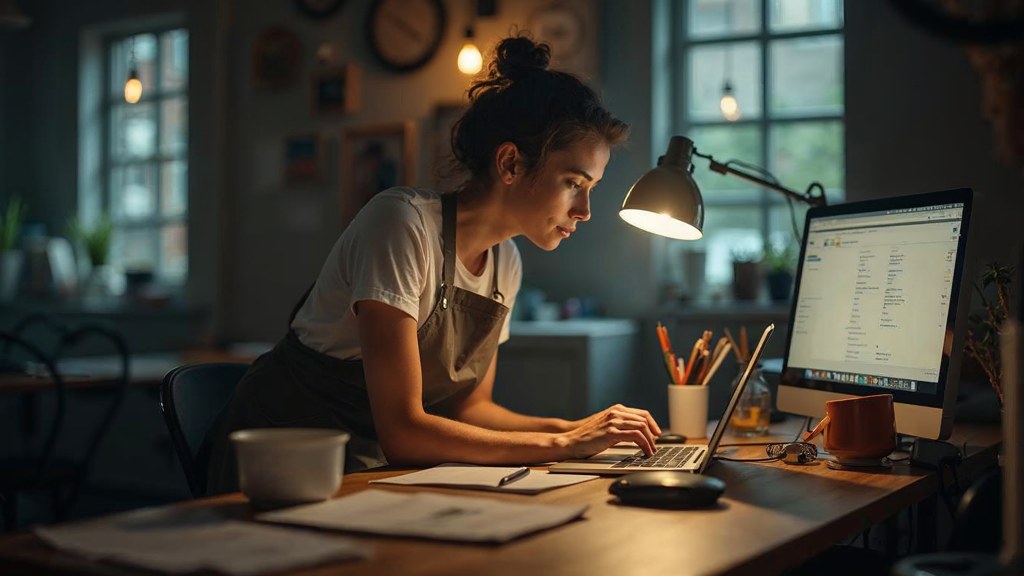 A small-business owner in an apron leaning over a laptop on a cluttered back-office desk late in the day, photographed in Melbourne