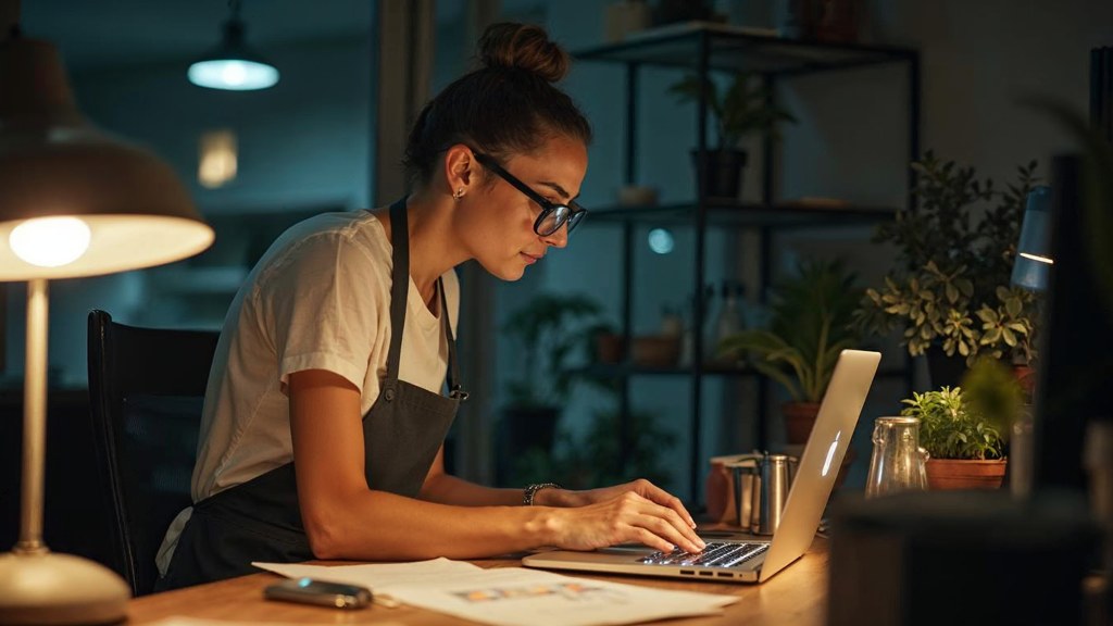 A small-business owner in an apron leaning over a laptop on a cluttered back-office desk late in the day, photographed in Manchester