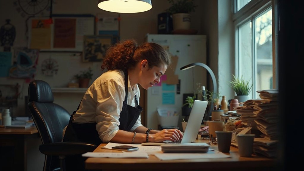 A small-business owner in an apron leaning over a laptop on a cluttered back-office desk late in the day, photographed in Melbourne