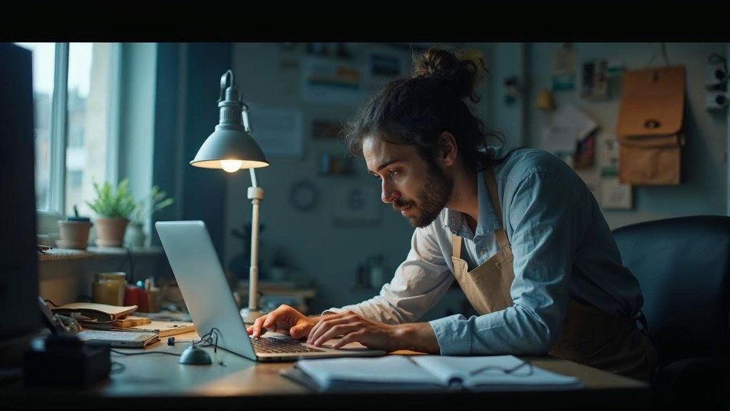 A small-business owner in an apron leaning over a laptop on a cluttered back-office desk late in the day, photographed in Manchester