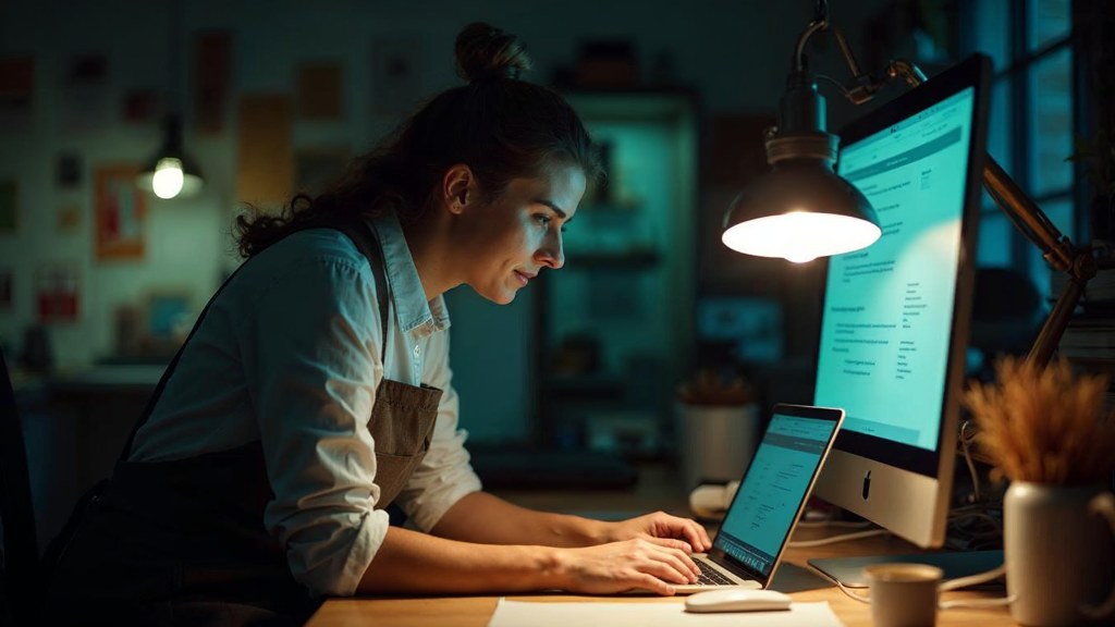 A small-business owner in an apron leaning over a laptop on a cluttered back-office desk late in the day, photographed in Melbourne