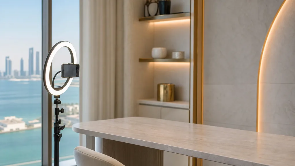 Editorial photograph of an Abu Dhabi content studio corner with a phone on a tripod and a ring light