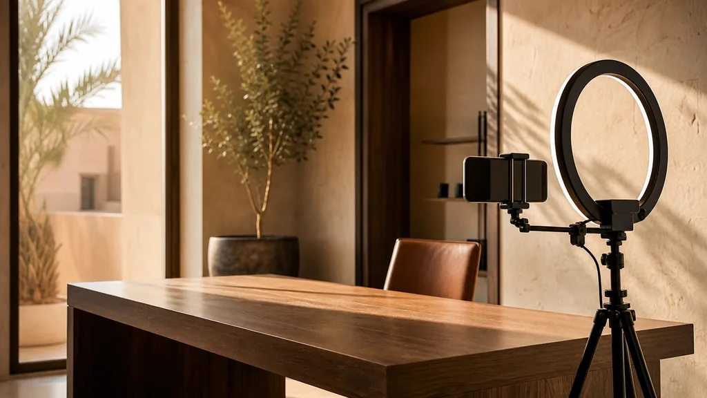 Editorial photograph of a Riyadh content studio corner with a phone on a tripod and a ring light